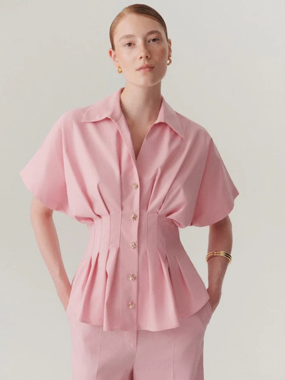 Exquise Georgia Pleated Waist Button-Up Blouse - LIKE NEW!